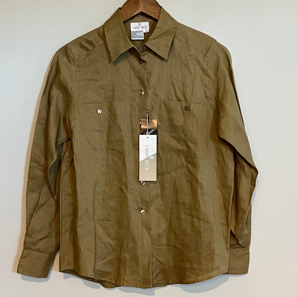 Carry Back Women's 100% Linen Button Down Shirt Oak Brown Long Sleeve Top NWT 4